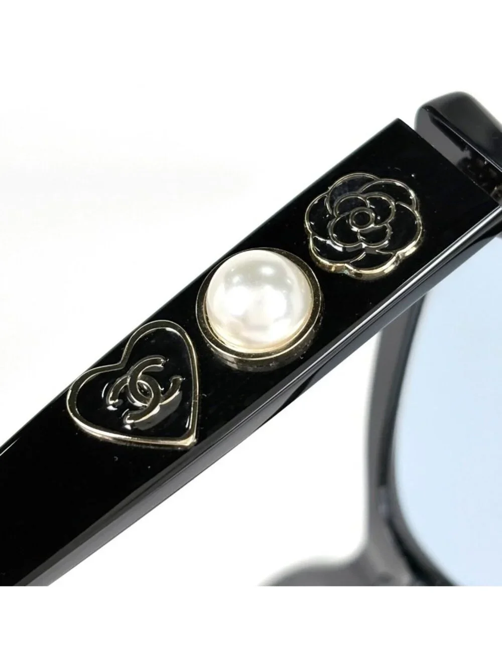 Chanel Sunglasses CC Logo Camellia Acetate Faux Pearl Black Eyewear
